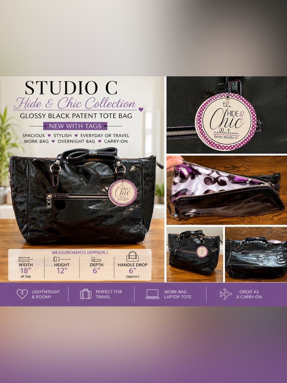 Studio C Hide & Chic Collection Glossy Black Patent Tote Bag NWT